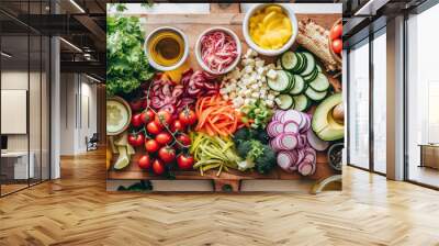 Ingredients for vegetable salad, diet and healthy food. Low calorie flatlay layout. Illustration Wall mural