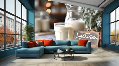 Lactose-free milk in a glass and jug and a sign. Concept: nutrition and products for allergy sufferers. Food with beneficial properties. Farm products without harmful substances.
 Wall mural