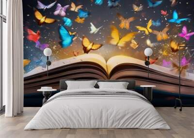 Paper book with 3D fantasy projection with flying butterflies and birds. Printed pages of a creative edition for the library. Creativity inside books.
Generative AI Wall mural