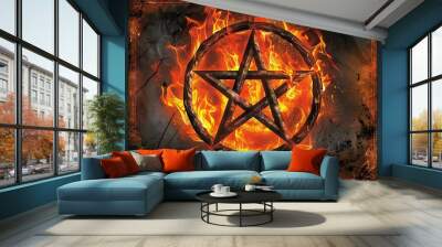 pentagram pentacle made of wood and fire, five-legged symbol of Satanism and sect. Concept: magical rituals, occultism Wall mural