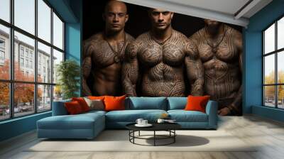 
Polynesian style tattoo on a man's muscular and athletic body. Patterns and designs on the body, skin painting. Wall mural