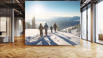 Skiing, family holidays in snow-capped mountains, winter resort on an alpine slope, recreational ski orienteering. Wall mural