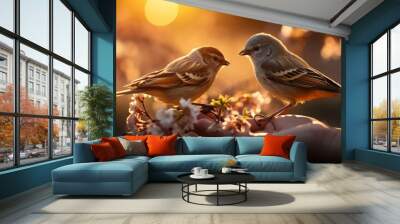 Sparrows feed from the hand against the backdrop of spring blossoms, Concept: birds in the wild and the harmony of human interaction with nature. Animal care Wall mural