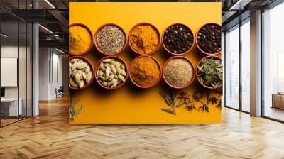 Spices and seasonings for taste. Diversity in the Indian spice market. Large selection of seasonings for cooking dishes on a yellow background with copy space.  Wall mural