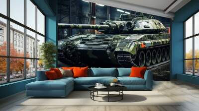 Tank on a military mission. The barrel of a tank. Infantrymen and tankers among the city and steppe. Dangerous military work. Concept: modern military transport. Wall mural