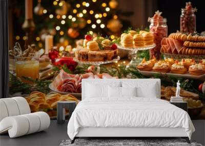 tasty Dinner table full of dishes with food and snacks, New Year's decor with a Christmas tree on the background. Wall mural