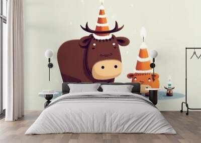 The bull is celebrating a birthday. Blows out the candles. Festive theme, Concept: Poster for a children's room. Baby print for nursery. The design can be used for fashion t-shirt, greeting card. illu Wall mural