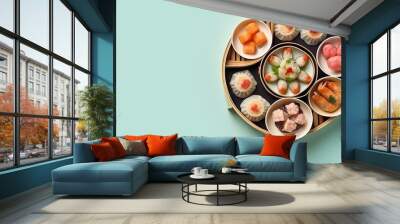 Variety of traditional Asian dim sum in an elegant bamboo steamer on a light pastel background. Concept: food culture, culinary master classes and gourmet dinners
 Wall mural