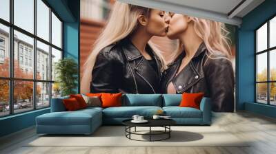 Young happy couple two girls in casual clothes, lesbians hug and kiss each other. Pride day in the month of June love LGBTQ concept.  Wall mural