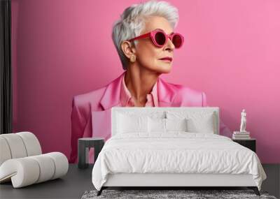 Fashion portrait of beautiful elegant senior woman in pink business suit and in sunglasses Wall mural