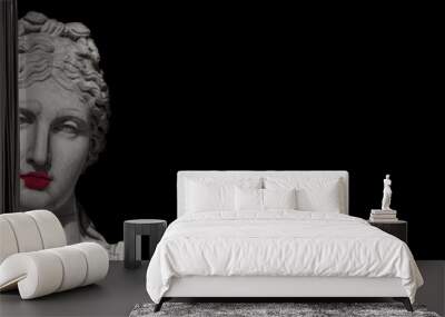 Ancient statue of Beautiful Greek Nobel woman with red lips, isolated at black background, details, closeup Wall mural