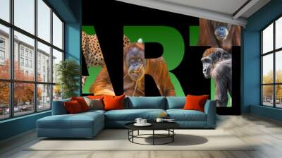 Banner with portrait of most endangered for extinction animals, orangutan, cheetah, gorilla, mandrill and hyena embedded into written earth text as background, closeup, details Wall mural