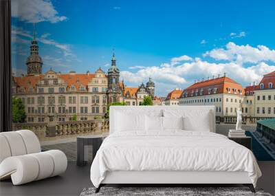 Panoramic cityscape over historical and touristic center in Dresden downtown, old clock tower near Cathedral of Holy Trinity and theater square, at summer sunny day and blue sky Wall mural