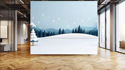 Christmas card illustration in 3D style. Winter landscape with snow covered mountains and pine trees. Design for greeting card, poster, banner with copy space. Wall mural