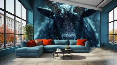 Close up of ram with curved horns in snowfall. Dark winter solstice and wildlife concept. Wall mural