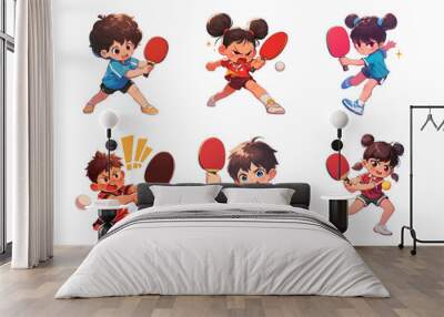 Illustration set of children playing table tennis with rackets and balls in various poses isolated on transparent background. Design elements for stickers, t-shirts, stationery, collectible cards. Wall mural