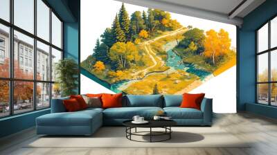 Isometric forest terrain with trees and river. Illustration isolated on transparent background. Geographical concept. Clipart for game asset, infographic, and educational material.  Wall mural