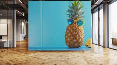 Pineapple wearing sunglasses on blue background. Creative summer concept with tropical fruit. Image for holiday marketing, social media content, and fun food photography. Banner copy space. Wall mural