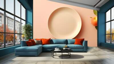 Plate with peach on peach backdrop. Flat lay image for fine dining restaurant. Catalog image for luxury kitchenware. Lifestyle concept. Banner with copy space. Wall mural