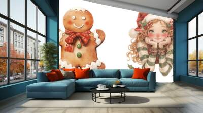 Set of watercolor illustrations gnome, gingerbread man, Christmas elf, and nutcracker. Isolated on transparent background. Xmas and winter holiday concept. Clipart for greeting card, sticker. Wall mural