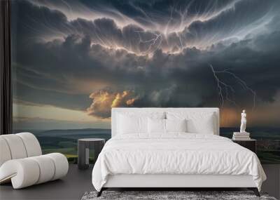 Thunderstorm with dark clouds and lightning over a rural landscape. Thunderstorm and natural disaster concept. Image for weather forecast and climate change awareness. Banner with copy space. Wall mural