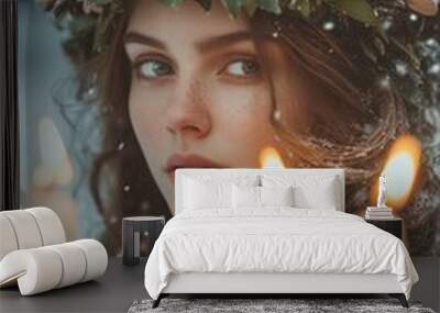 Woman with floral crown surrounded by glowing candles. Dark fantasy portrait. Pagan New Year celebration concept. Image for event poster and holiday greeting card. Wall mural