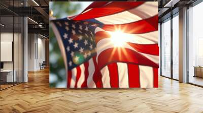 American flag waving in the wind at sunset Wall mural