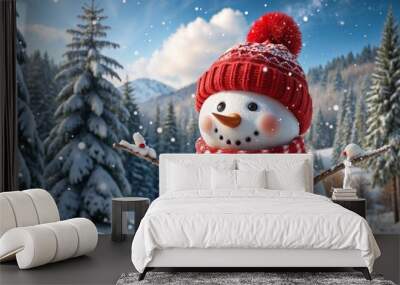 Cheerful snowman with red hat and scarf smiling with bird in snowy winter forest landscape Wall mural