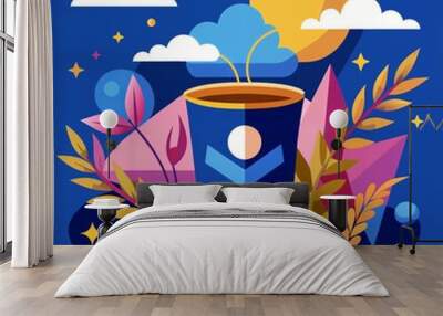 Geometric stylized candle glowing brightly against starry night sky background Wall mural