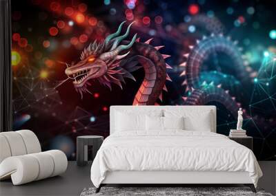 Menacing dragon with glowing eyes emerging from cosmic darkness with fiery energy

 Wall mural