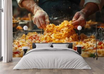 Chef Adding Fresh Pasta to a Dish with Tomatoes and Basil Wall mural