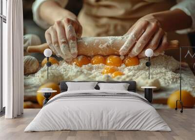 Close-up of a woman's hands rolling dough with a rolling pin Wall mural