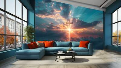 A breathtaking sunset illuminates a cross above the clouds, symbolizing hope and faith.  Wall mural