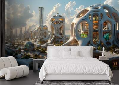 A futuristic cityscape with organic architecture against a backdrop of a sunset sky.  Wall mural