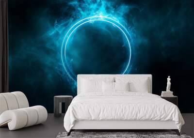 A glowing blue circular design surrounded by swirling mist and smoke effects, perfect for backgrounds or abstract art projects.  Wall mural