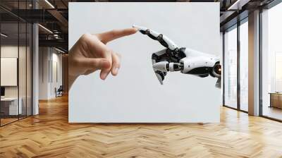 A human hand and a robot hand about to touch fingertips in a concept of human-robot interaction and futuristic technology  Wall mural