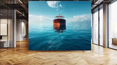 A large cargo ship peacefully floats on calm blue waters under a bright sky, reflecting the tranquility of the nautical environment.  Wall mural