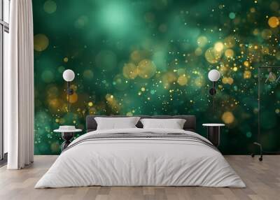 A mesmerizing abstract background featuring shimmering green and gold bokeh lights, creating a festive and enchanting atmosphere.  Wall mural