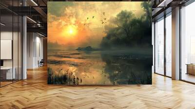 A serene landscape at dawn features a tranquil river surrounded by lush trees and birds flying across a misty sky, evoking a sense of peace and natural beauty.  Wall mural