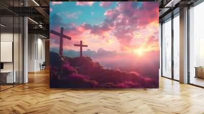 A serene landscape at sunset featuring two rustic wooden crosses on a hill, surrounded by vibrant flowers and dramatic skies.  Wall mural