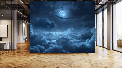 A serene night sky filled with stars and a bright moon illuminating fluffy clouds in a deep blue atmosphere. Wall mural