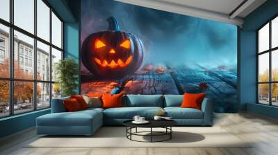 A spooky Halloween scene featuring a glowing jack-o'-lantern on a weathered wooden table surrounded by mist and autumn leaves.  Wall mural