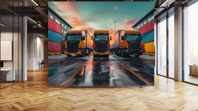 A striking image of three modern trucks parked in a colorful shipping yard at sunset, reflecting on wet asphalt.  Wall mural