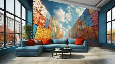 A vibrant perspective of a cargo container yard, showcasing a row of colorful shipping containers against a dramatic sky.  Wall mural