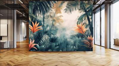 A vibrant watercolor illustration of a tropical jungle scene featuring lush greenery and colorful foliage, evoking a sense of exotic tranquility.  Wall mural