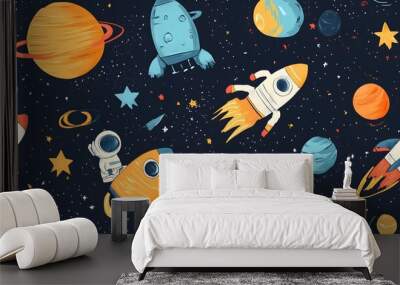 Playful outer space theme with planets, rockets, and astronauts on.seamless tiled wallpaper Wall mural