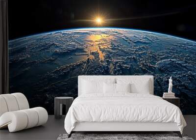 Sunrise over planet Earth as seen from space with a beautiful view of continents and oceans.  Wall mural