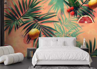 Tropical summer concept with citrus fruits, palm leaves, and a refreshing drink on a pastel background enhanced with a vintage filter effect.  Wall mural