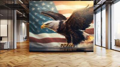  Bald eagle flies against American flag background created with generative AI technology Wall mural