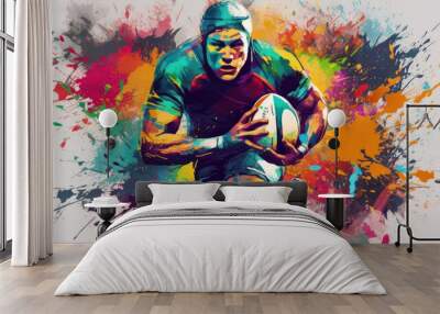 Abstract watercolor-style rugby player created with generative AI technology Wall mural